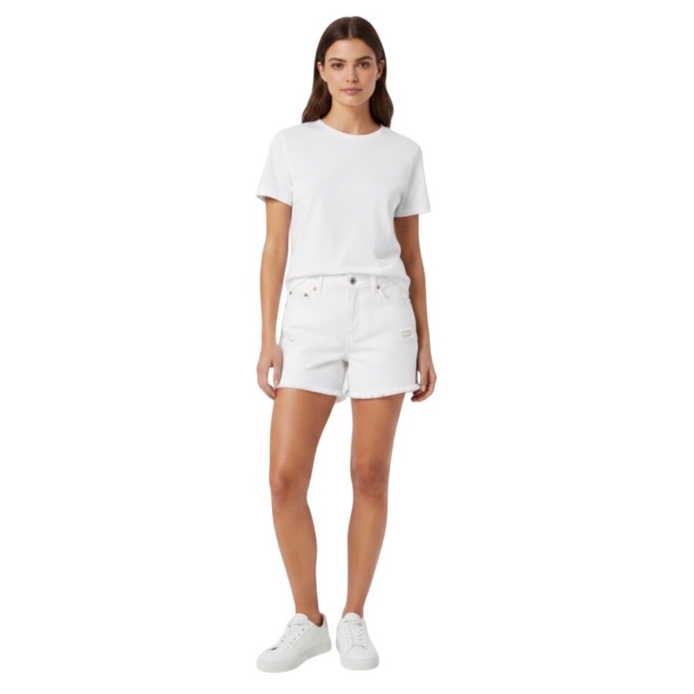 Bershka Denim Shorts Womens 00 White Distressed Frayed Raw Hem Medium Rise